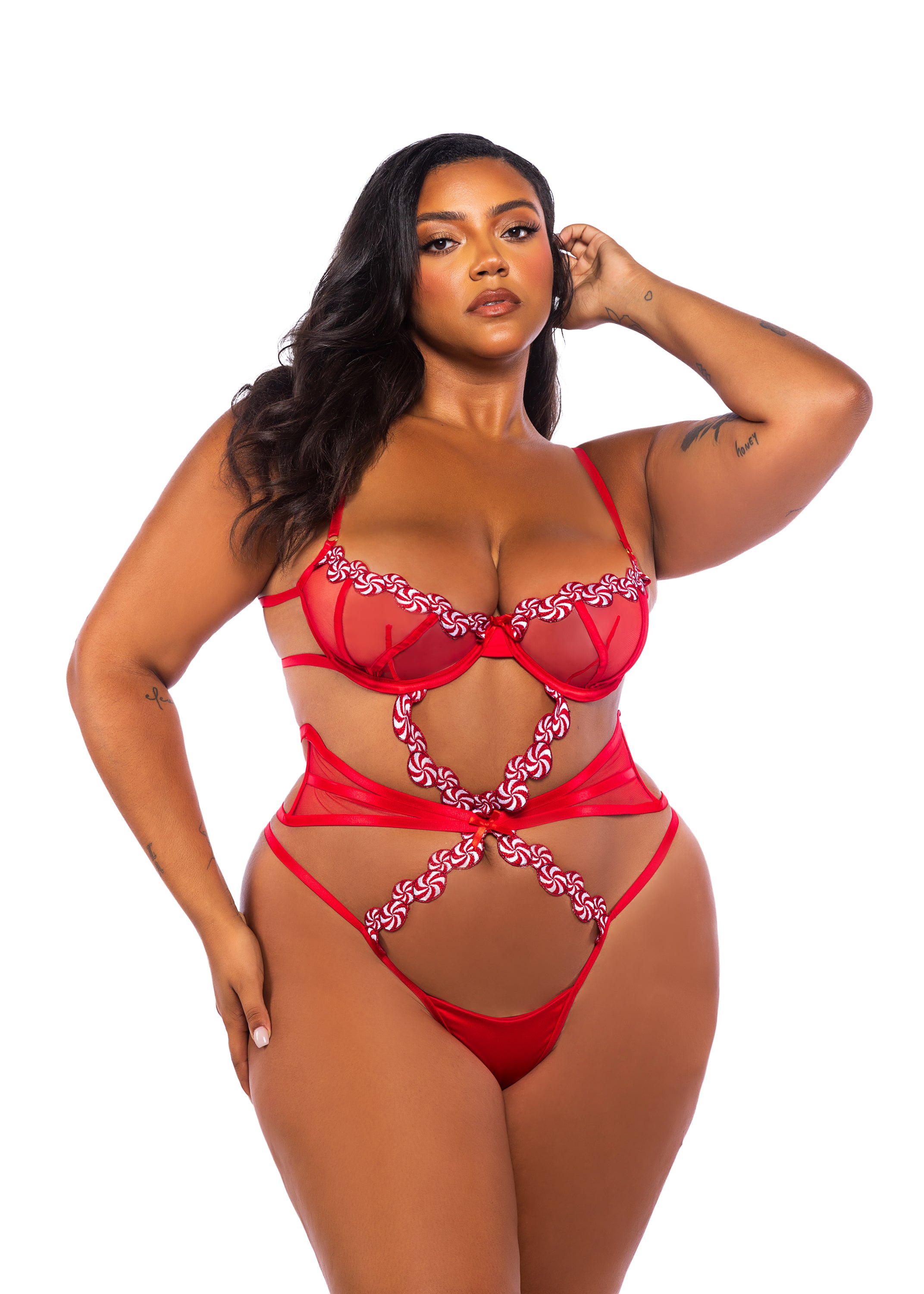 Plus size candy trim holiday teddy lingerie, view 4